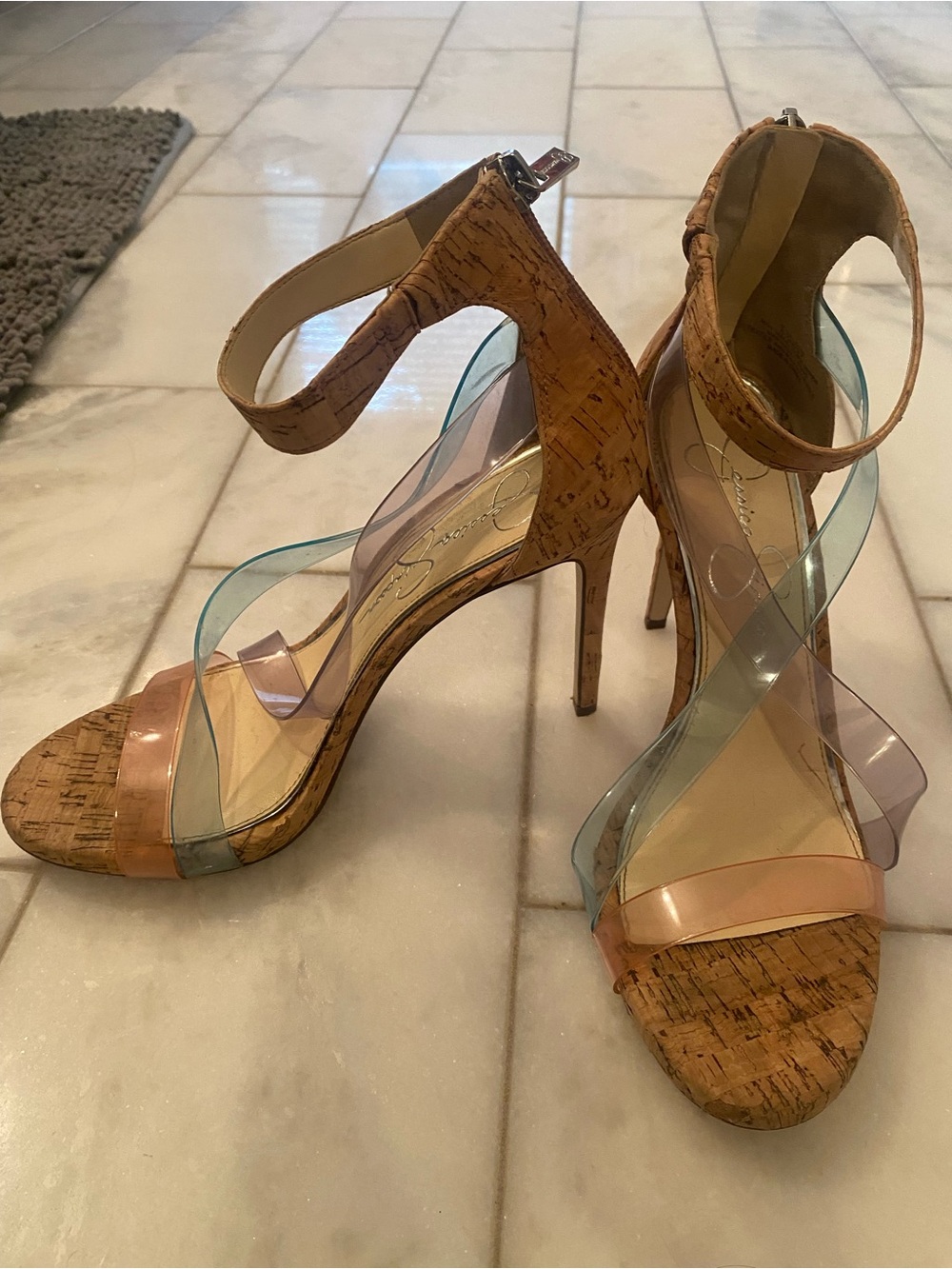 Jessica Simpson Cork Tan Clear Strap High Heel Sandals